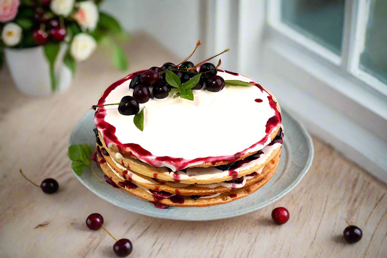Cherry Shortbread Dessert: Layers of buttery shortbread biscuit, lathered with fresh cream and juicy cherries, topped with a beautifully arranged cherry layer and a delicate caramel web. Served with a box of homemade custard for an extra touch of indulgence.