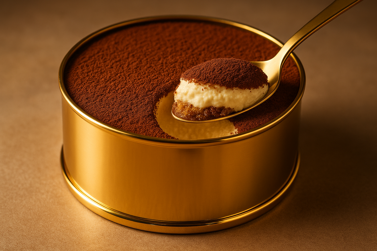 A TIRAMISU IN A ROUND GOLD TIN WITH A GOLD SPOON SCOOPING OUT A LITTLE