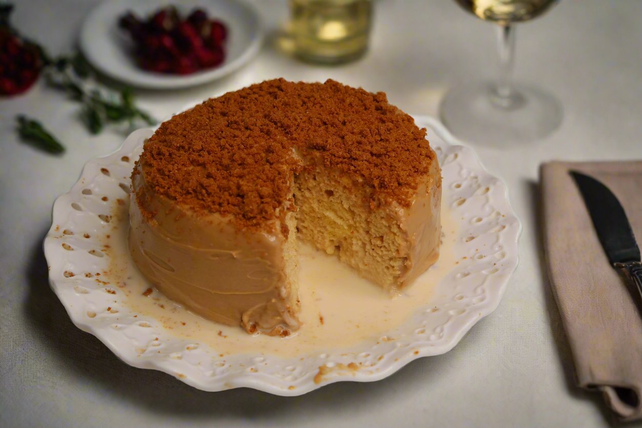 Lotus Biscoff and Speculoos Spread flavoured Tres Leches Cake with Biscuit Crumbs as topping