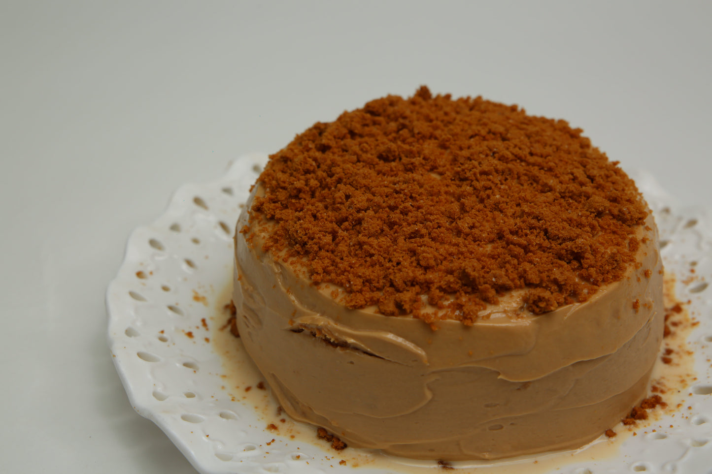 Lotus Biscoff and Speculoos Spread flavoured Tres Leches Cake with Biscuit Crumbs as topping