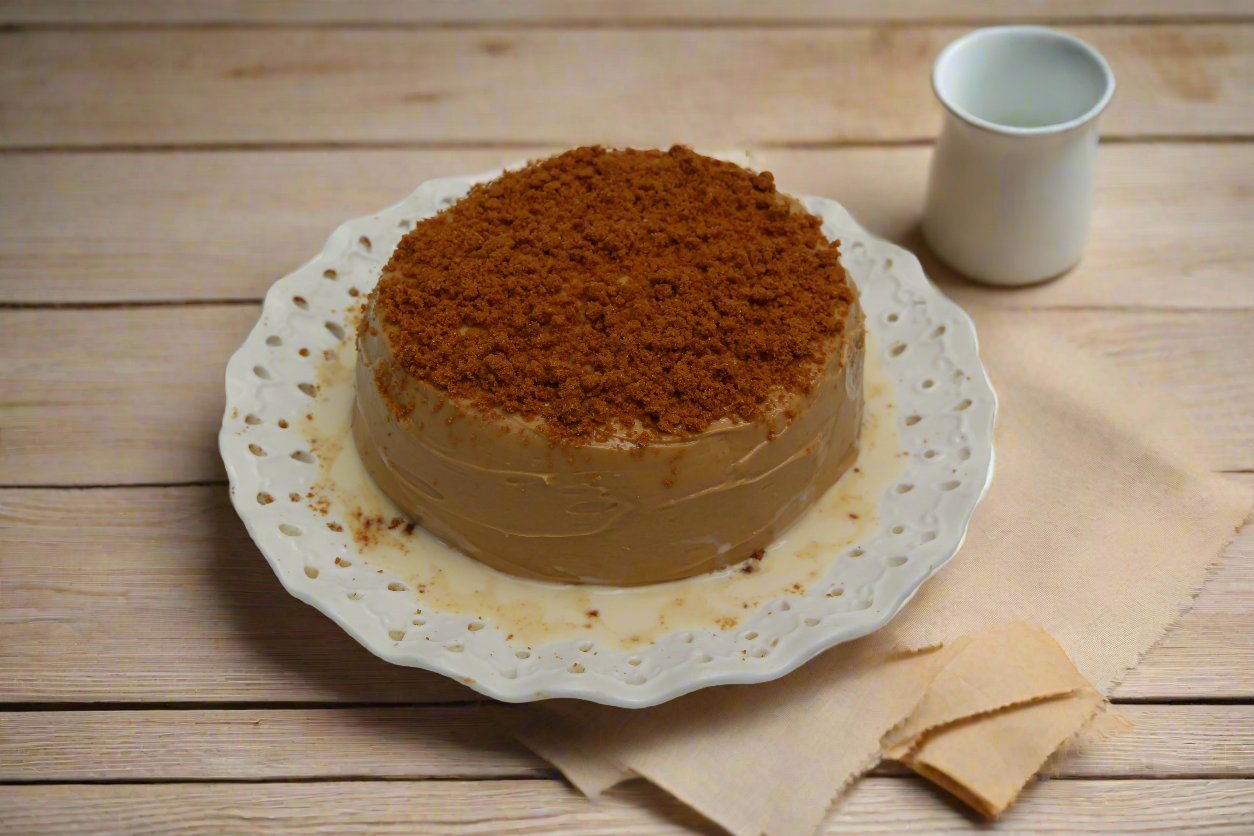 Lotus Biscoff and Speculoos Spread flavoured Tres Leches Cake with Biscuit Crumbs as topping