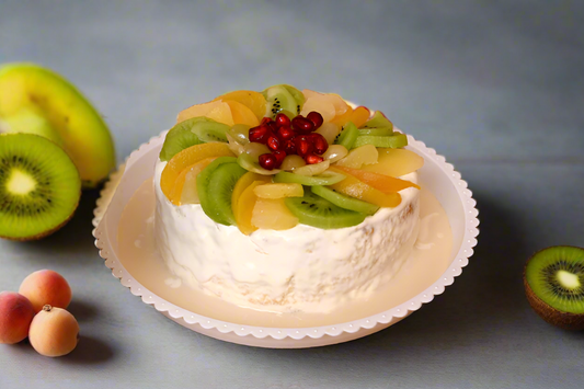 Mixfruit Tres Leches Cake: Light sponge soaked in a rich Tres Leches blend, topped with a medley of fresh fruits and smooth cream.