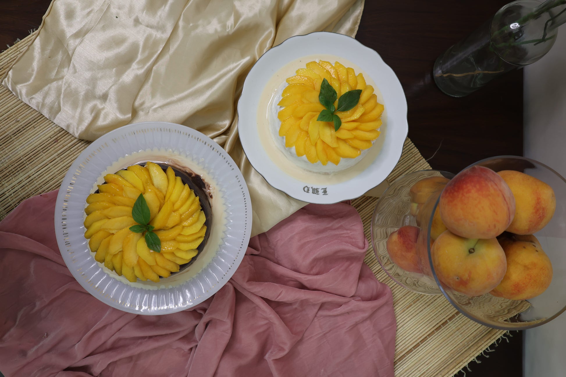 Peach and Chocolate, Peach and Cream Tres Leches Cakes (in one image):
"Peach and Chocolate, Peach and Cream Tres Leches Cakes: A duo image showcasing two cakes—one with sweet peaches and chocolate, the other with peaches and cream, both soaked in a rich Tres Leches blend.