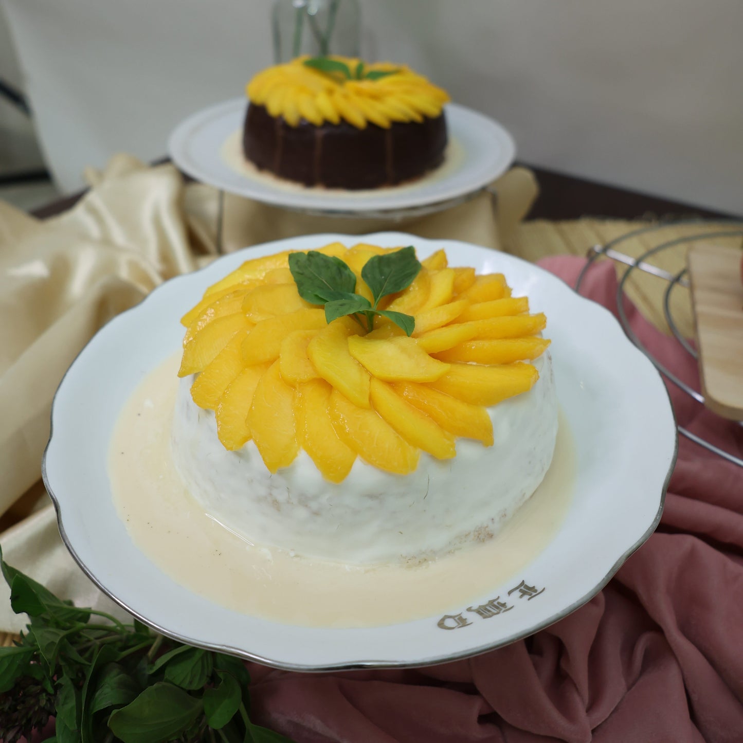 Peach and Chocolate, Peach and Cream Tres Leches Cakes (in one image):
"Peach and Chocolate, Peach and Cream Tres Leches Cakes: A duo image showcasing two cakes—one with sweet peaches and chocolate, the other with peaches and cream, both soaked in a rich Tres Leches blend.