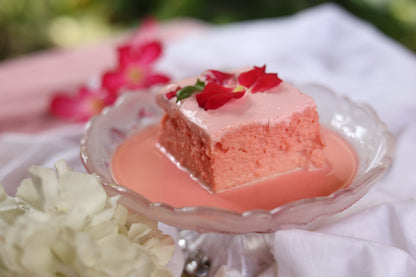 Rose Flavored Tres Leches Cake: Soft sponge soaked in a delicate rose-infused Tres Leches blend, topped with rose-infused cream and a hint of floral sweetness.
